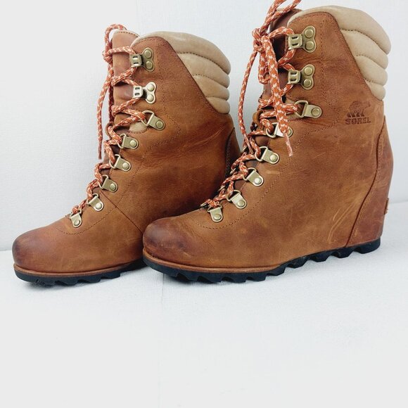Sorel Women's Brown Conquest Lace Wedge Leather Classic Ankle Bootie Size 8.5 - Picture 2 of 11